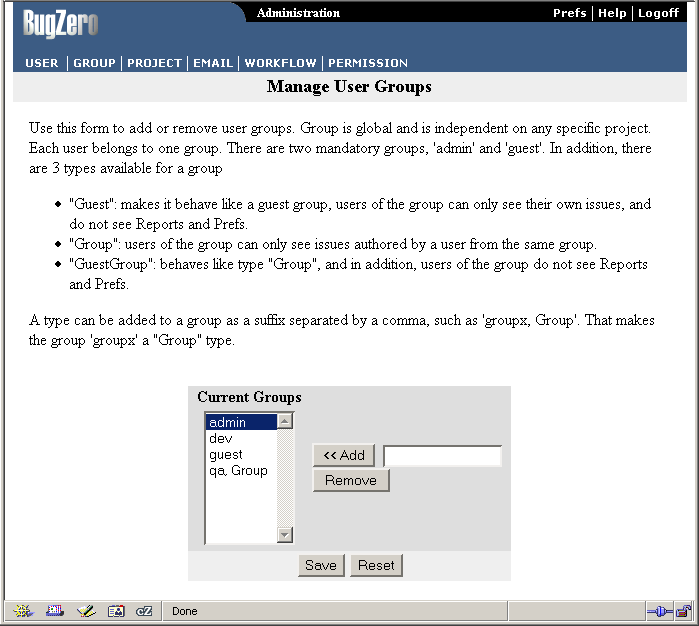 Bug tracking: manage the user group